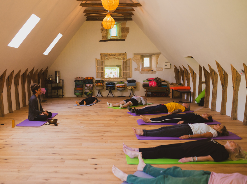 a group of yoga enthusiasts attending a session in the Ark, Lot region of France
