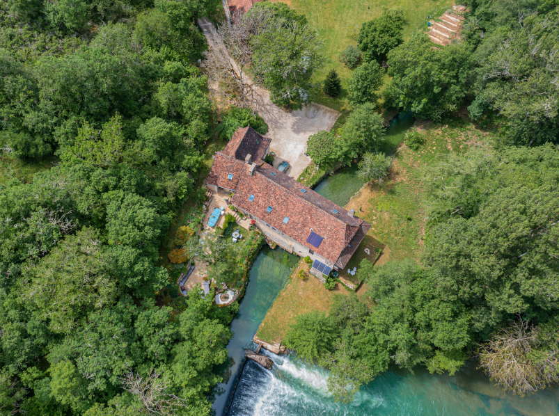 Ariel photograph of Watermill on the river Ouysse in France