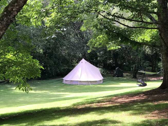 A bell tent erected in a meadow with trees surrounding the view